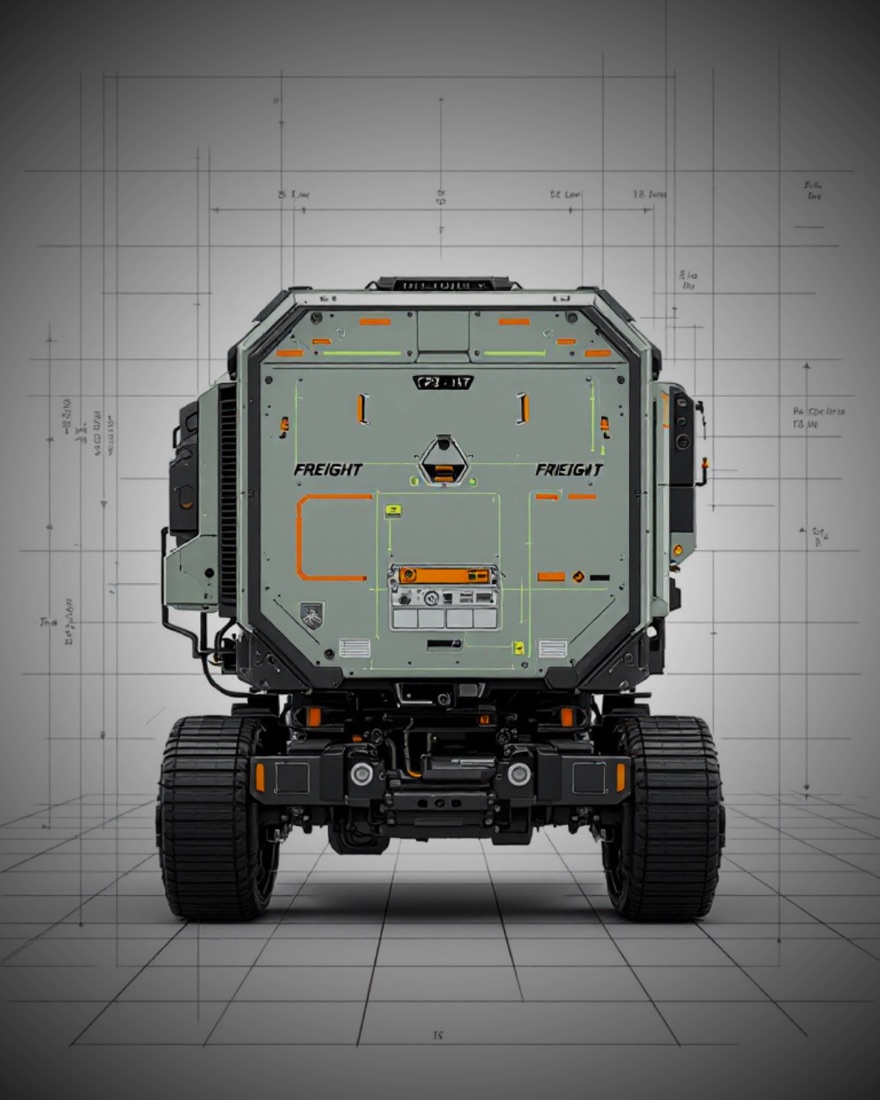A freight vehicle on a blueprint grid