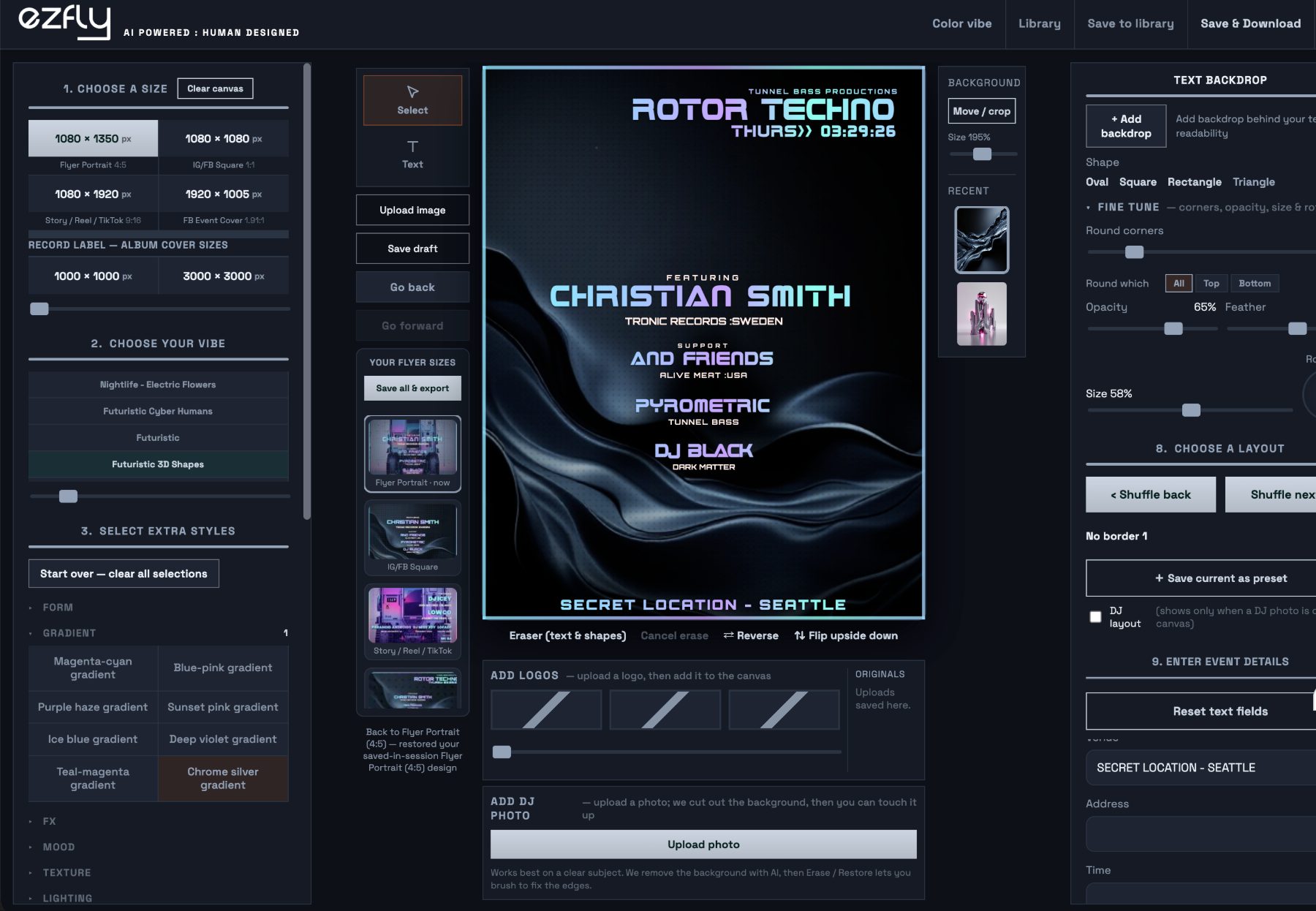 The ezfly editor building a techno flyer