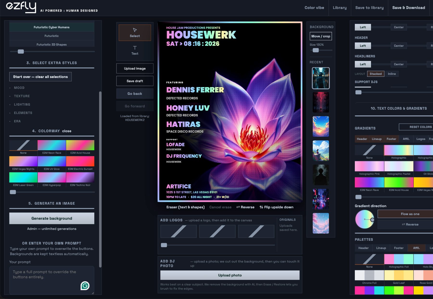 The ezfly editor building a house-music flyer