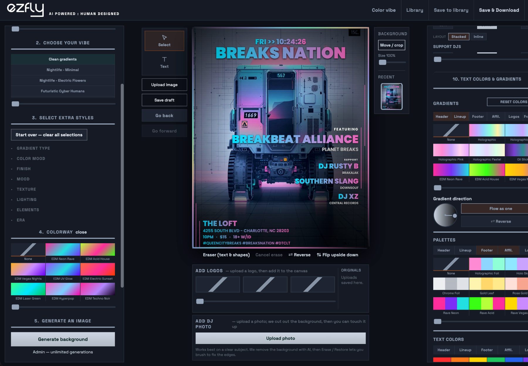 The ezfly editor colouring a breakbeat flyer