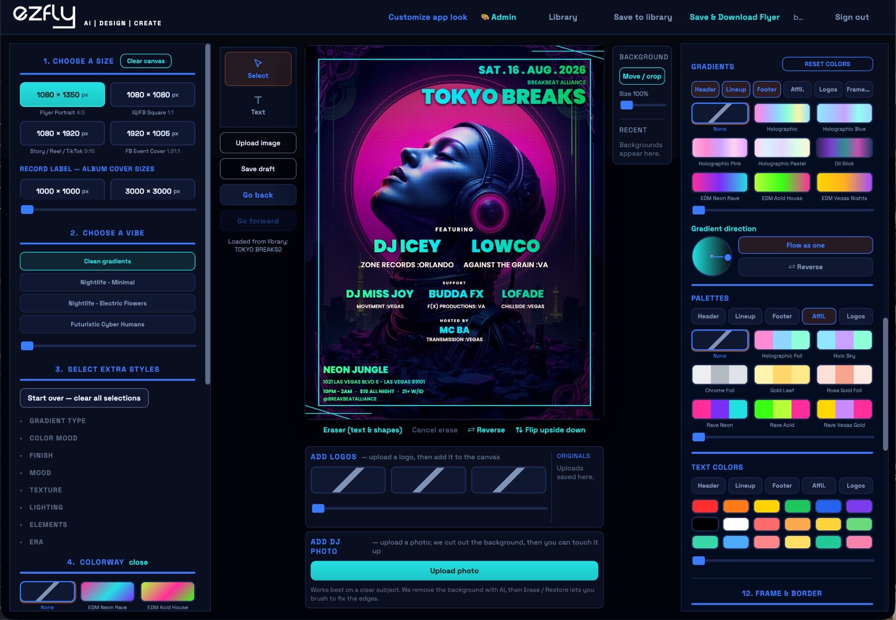 The ezfly editor building a drum-and-bass flyer
