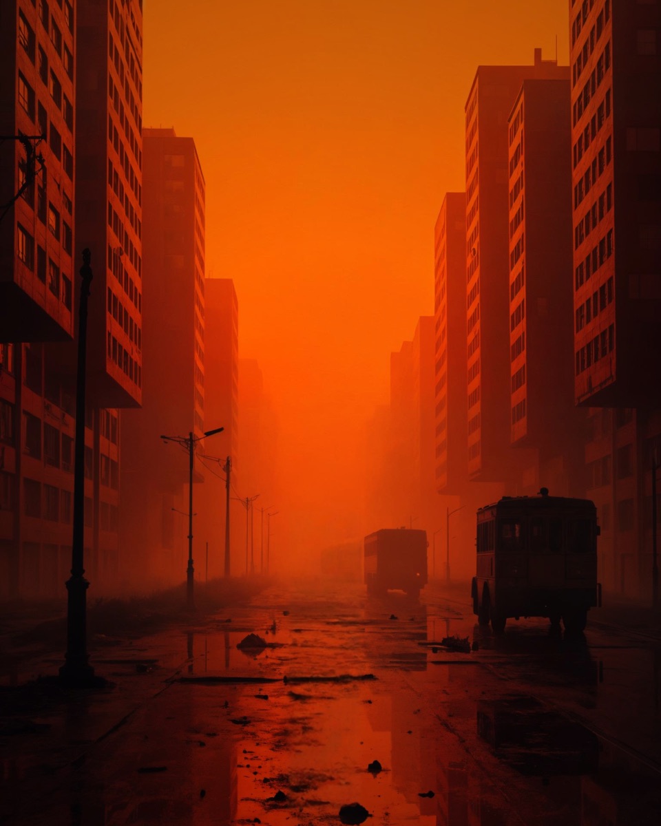 Hazy orange city street background generated by ezfly